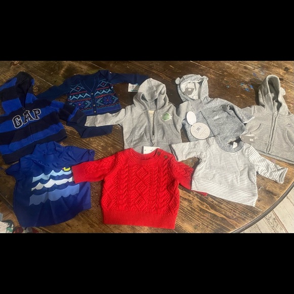 8 unisex tops( listed under boys) jackets cable knit sweater.swim top for baby!